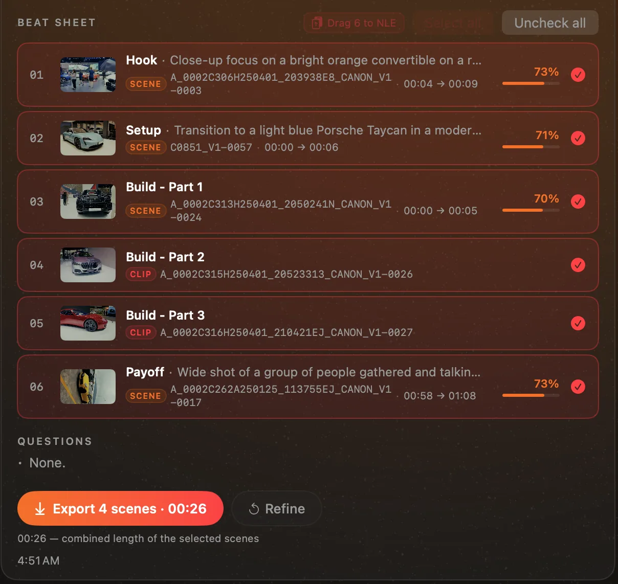 SightRoll beat sheet — Hook / Setup / Build / Payoff scenes ready to export