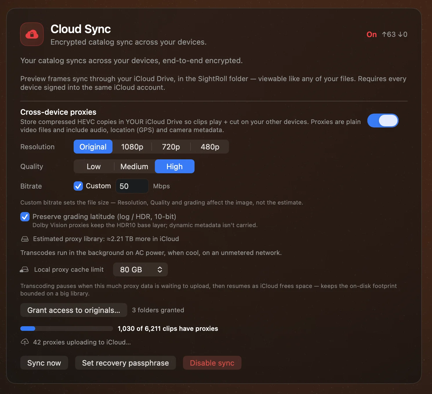 SightRoll Cloud Sync settings — encrypted catalog sync with cross-device HEVC proxy controls