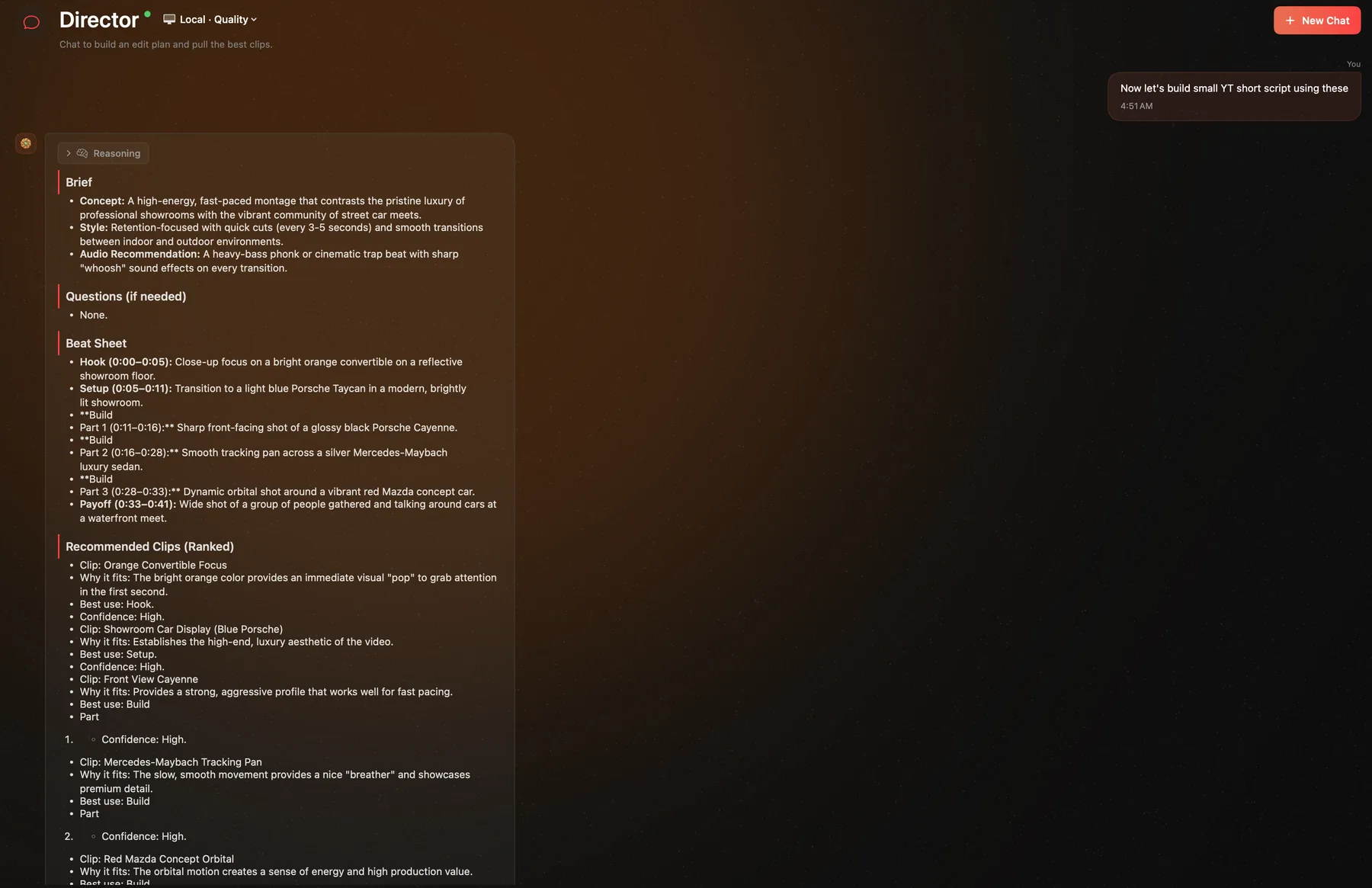 SightRoll Director brief — a ranked stack of scenes with reasoning