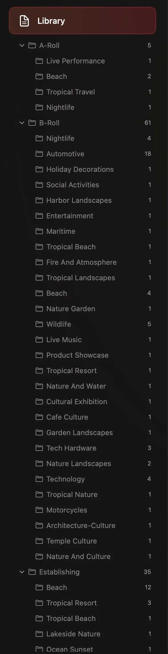 SightRoll AI folder tree — A-Roll, B-Roll, Establishing with subcategories and clip counts