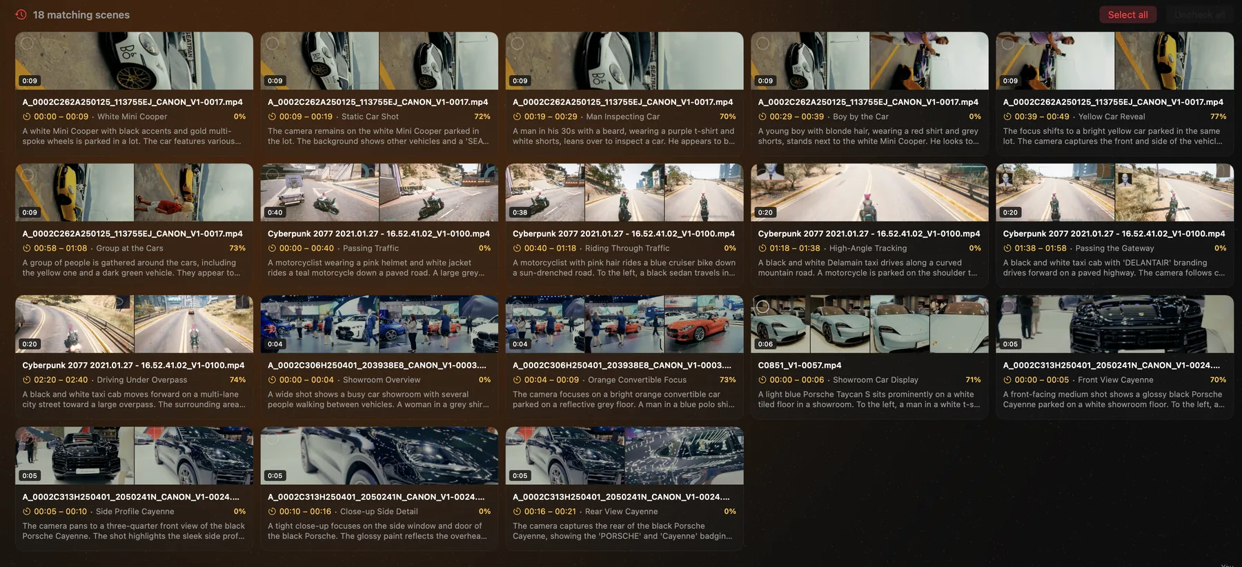 SightRoll catalog — every clip sliced into labeled, scored scenes